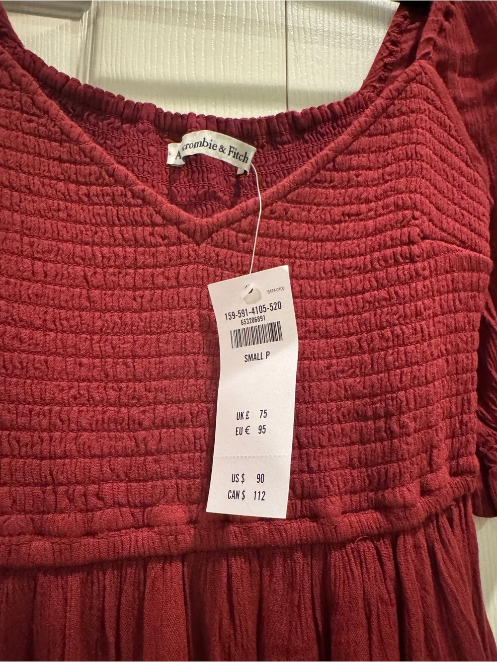 Abercrombie & Fitch Burgundy Smocked Puff-Sleeve Maxi Dress
